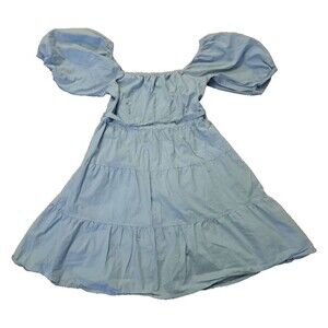 Sim & Sam Dress Light Blue Smocked Tiered Pouf Sleeves Cotton Party Babydoll L